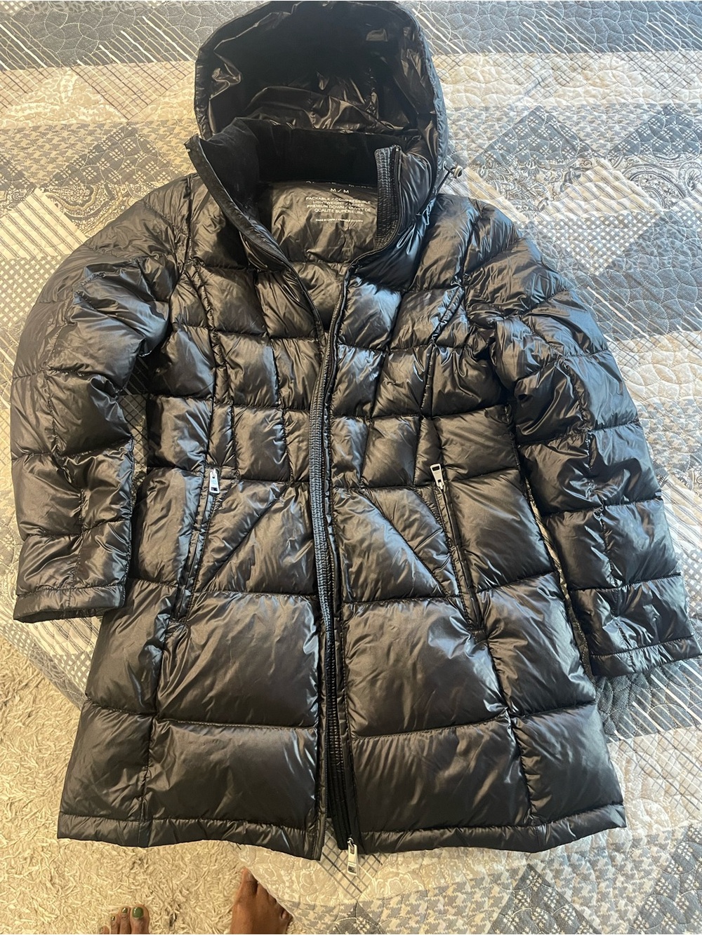 Black Long Puffer Coat with Hood - Picture 2 of 3